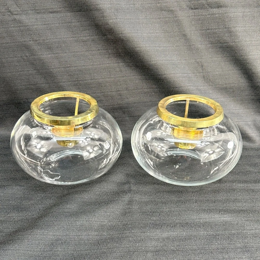 Vtg Crate & Barrel Set 2 Blown Glass Bowls W/Solid Brass Candle Inserts Stickers
